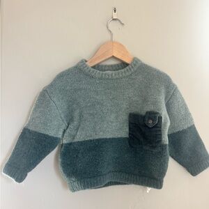Zara Colorblock Knit Sweater Corduroy Pocket 12-18M Cozy Neutral Scandi Baby